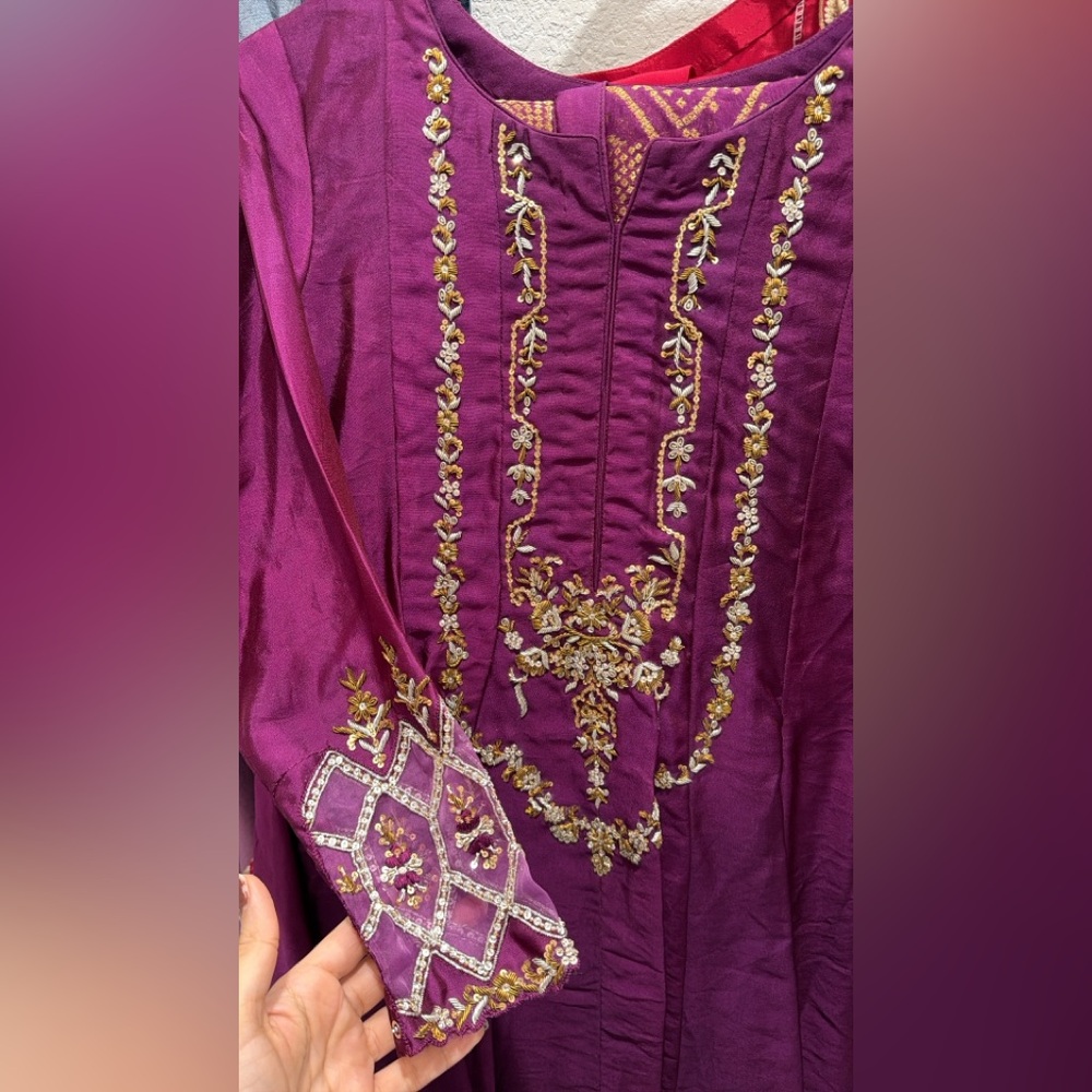 Embroidered Purple and Gold Dress - designer inspired- pure raw silk - two piece